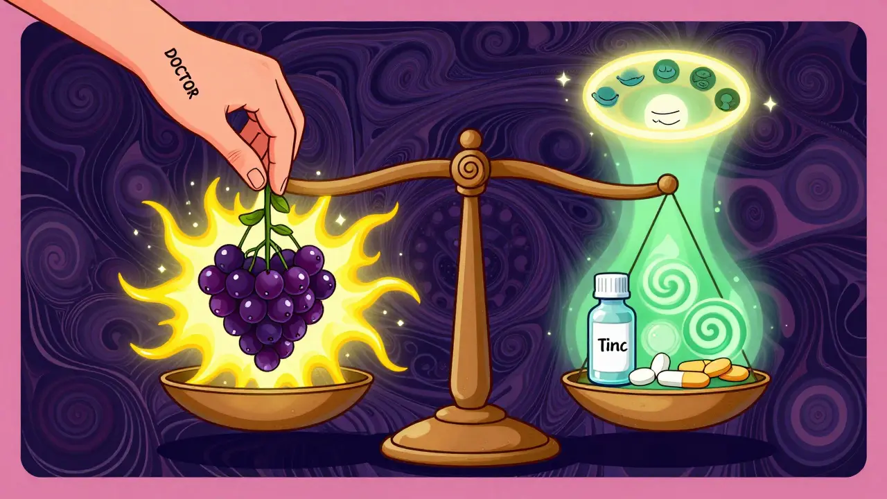 Balanced scale with elderberry on one side and safe alternatives like vitamin D and probiotics on the other