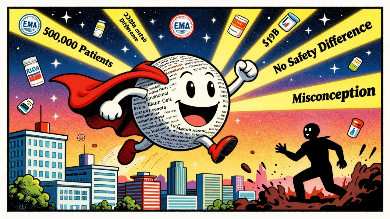 Biosimilar superhero molecule soaring over a city, defeating misconception, with savings and patient data beams shining upward.