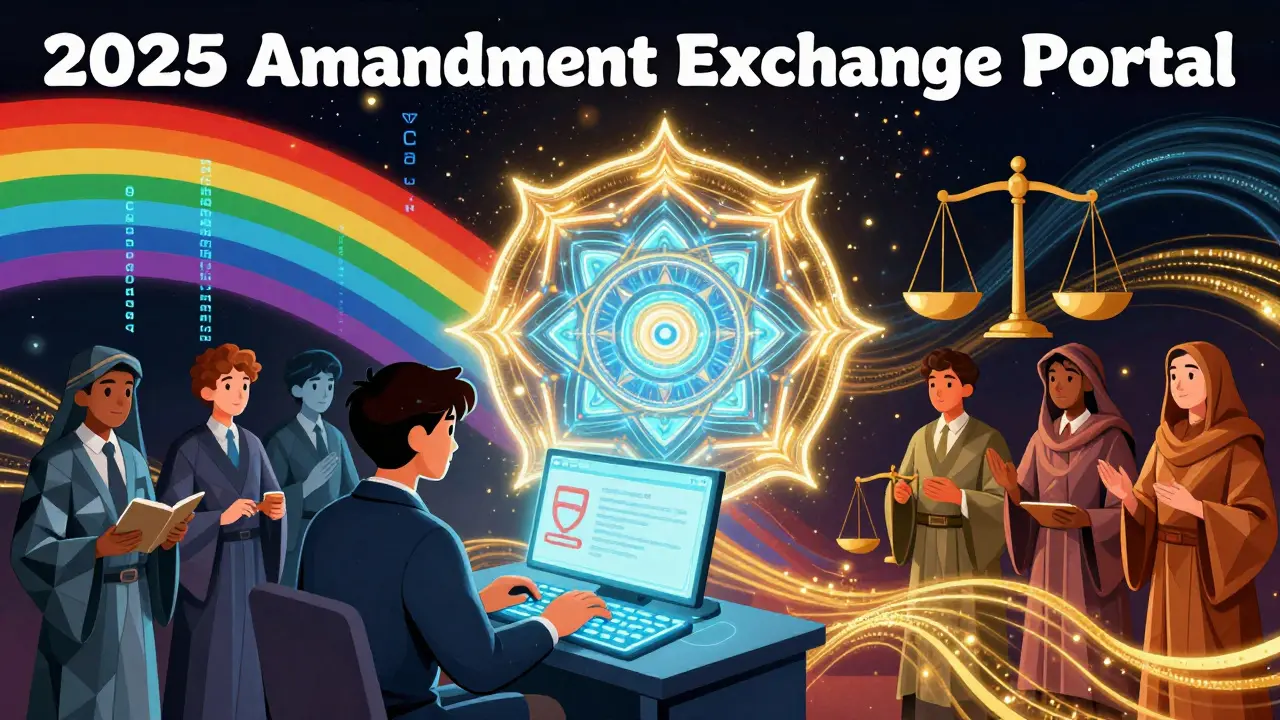 Digital mandala of 2025 Amendment Exchange Portal with review committee judging metadata streams.