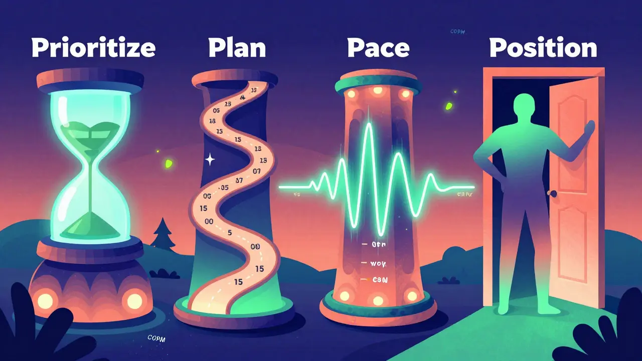 Four glowing totems representing the 4 Ps of occupational therapy in a psychedelic landscape