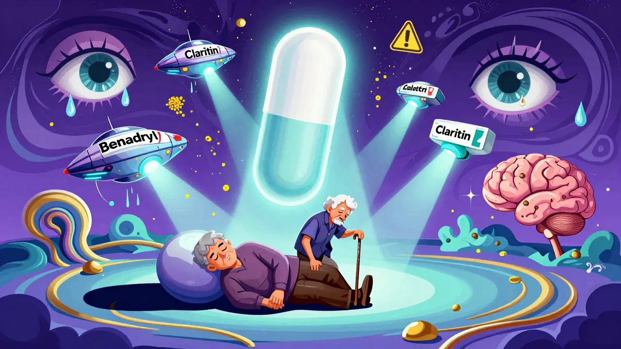 Giant drowsy pill casting shadow over elderly person, while sleek allergy pills shine like spacecraft above.