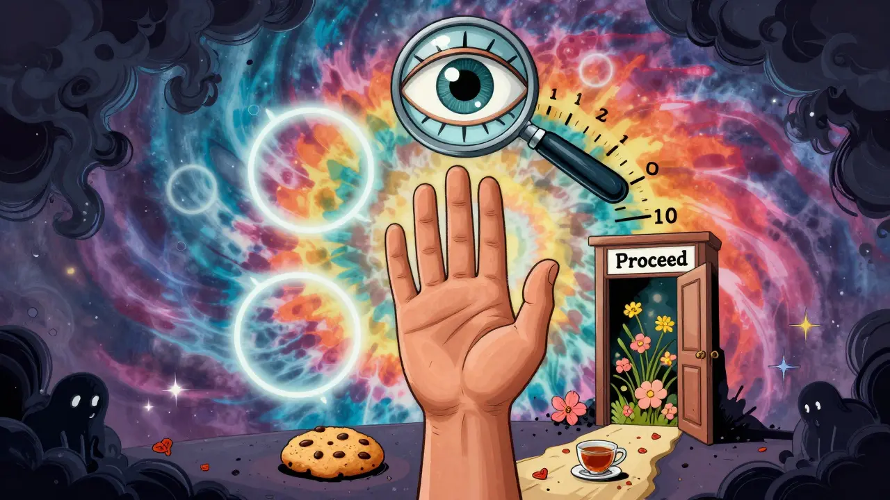 Hand pausing before eating a cookie, surrounded by breath circles, a hunger scale, and a path of flowers symbolizing mindful choice.