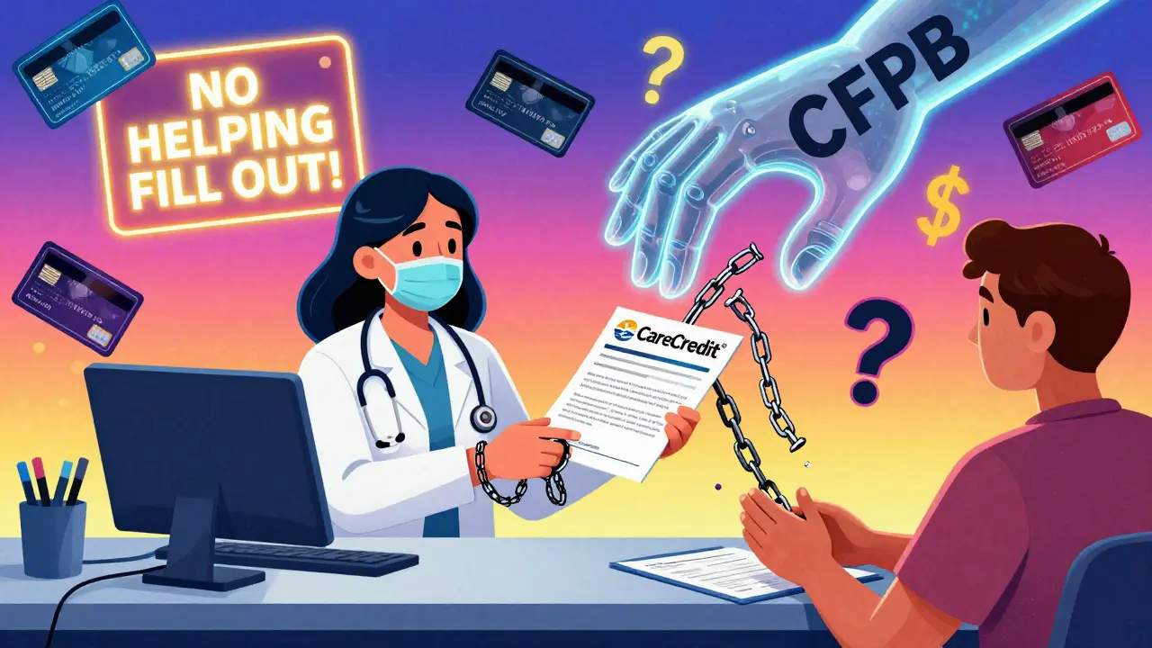 Healthcare worker's hands dissolving as patient refuses to sign a financing application