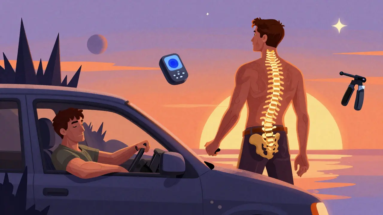 Man transformed from slumped in car to driving confidently with adaptive tools glowing around him