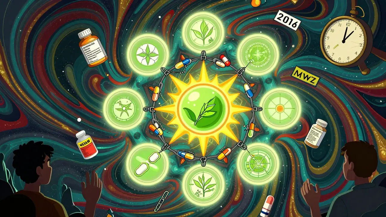 Medication symbols encircle a green tea extract sun, dimming as chains bind them in a psychedelic mandala.