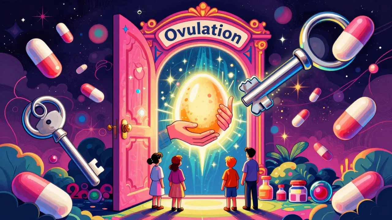 Metformin tablets unlocking a door to a glowing egg, with other fertility drugs standing nearby in collaborative harmony.