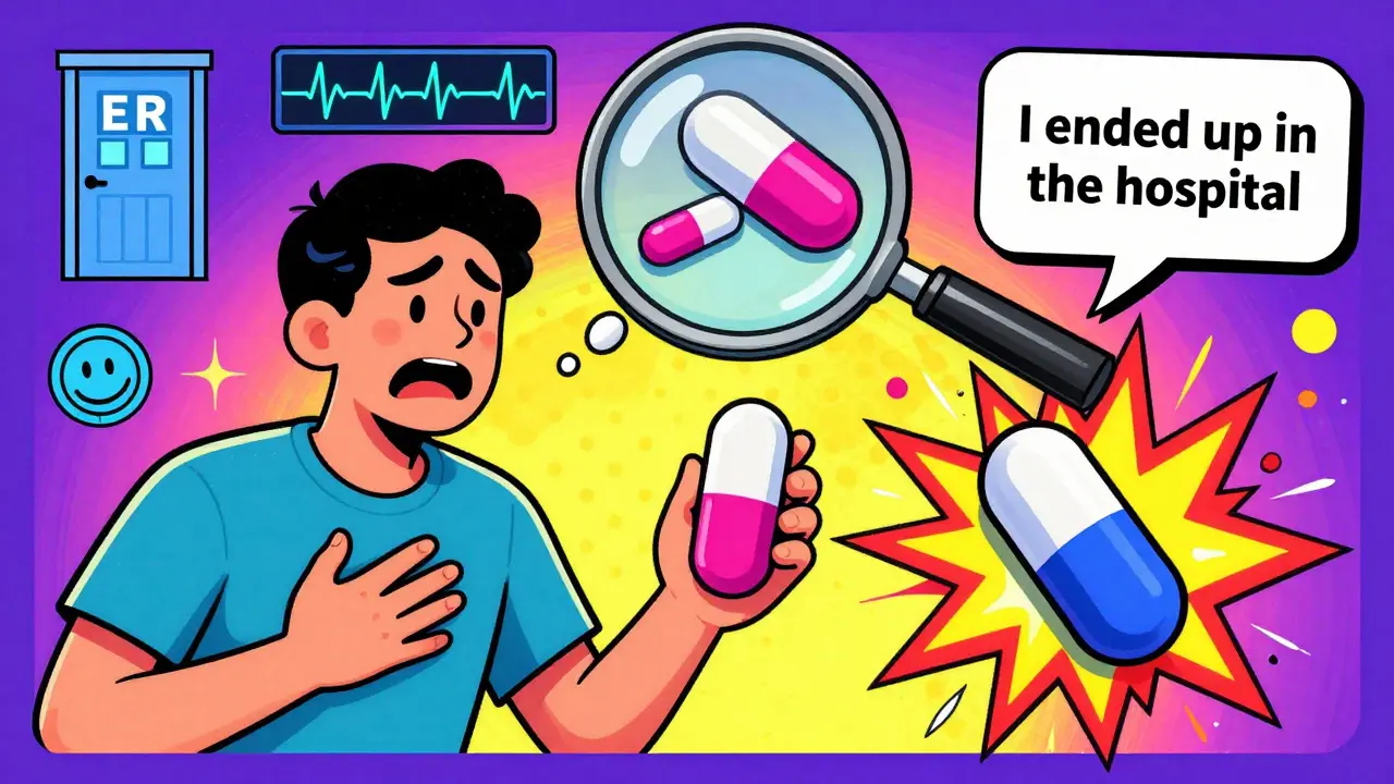 Patient clutching chest as two identical pills—one safe, one dangerous—reveal hidden risks under a magnifying glass.