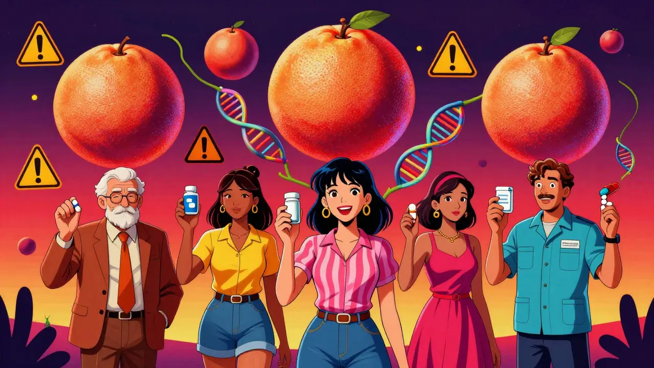 People holding medications under looming grapefruit moons, casting warning shadows in vibrant psychedelic style.