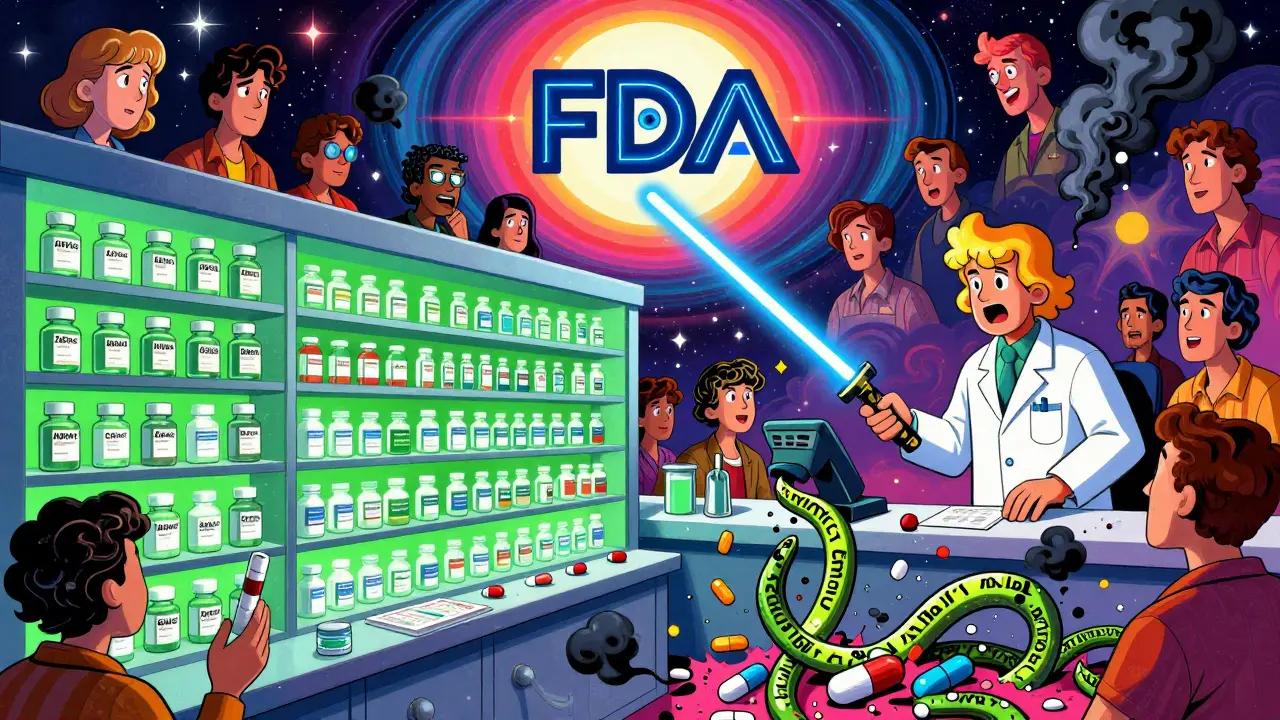 Pharmacy counter as a cosmic battlefield with safe and unsafe generics, look-alike drugs, and a pharmacist using a barcode scanner.
