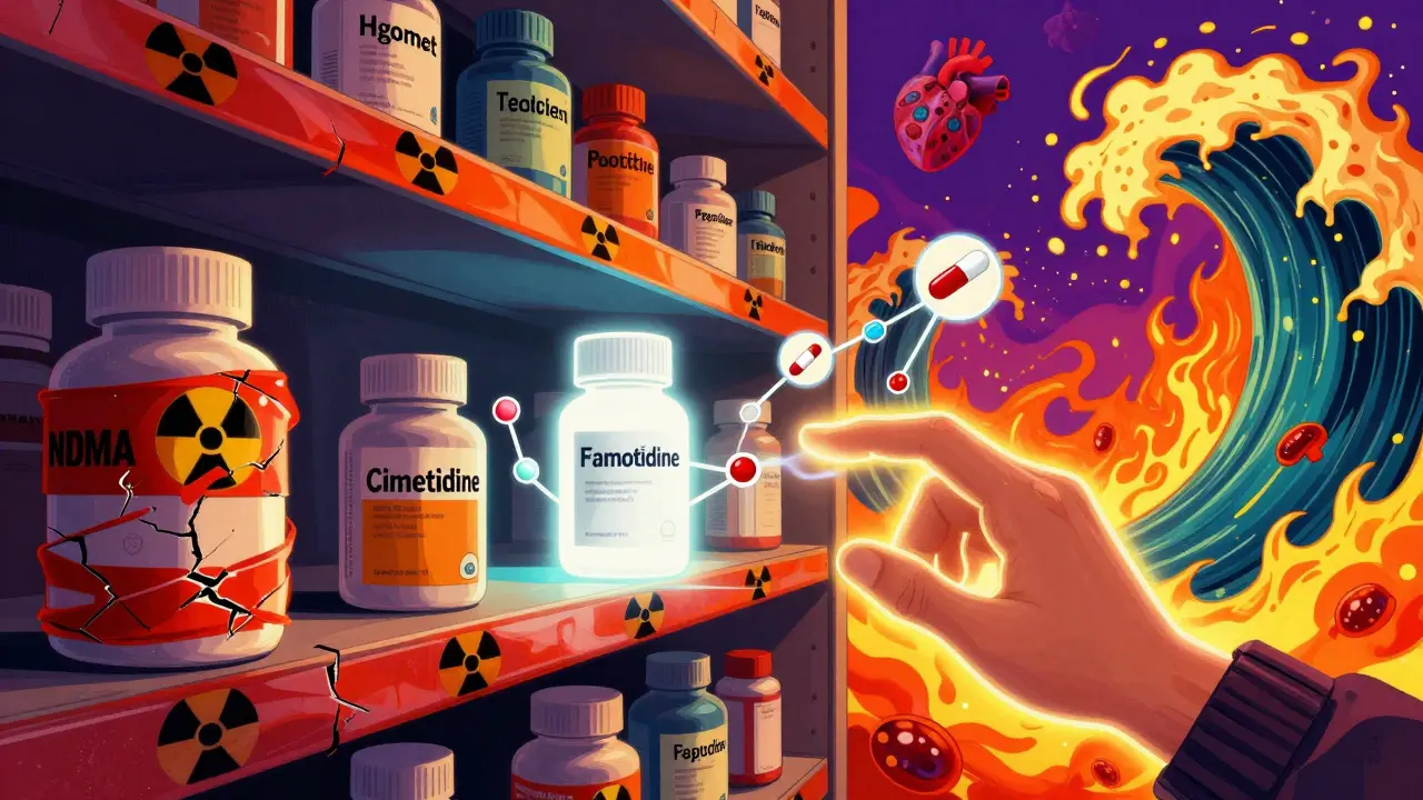 Pharmacy shelf with dangerous cimetidine marked by warnings, safe famotidine glowing, patient reaching for correct pill.