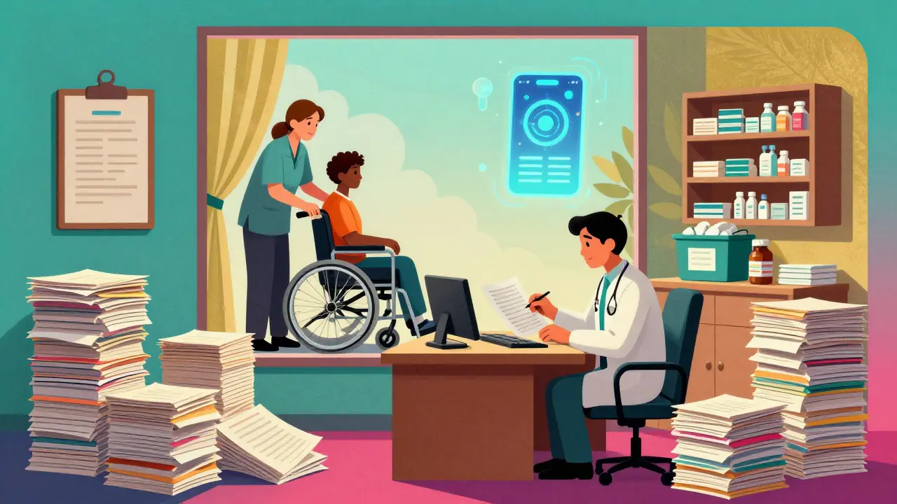 Rural clinic scene with doctor overwhelmed by paperwork, while holistic care options shine through the window.