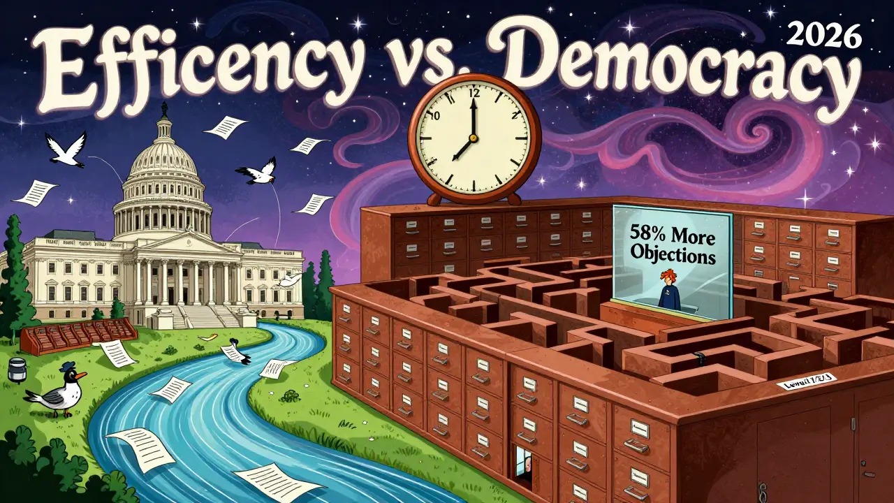 Split chamber: Senate as free river, House as rigid maze, minority lawmaker trapped behind glass wall.