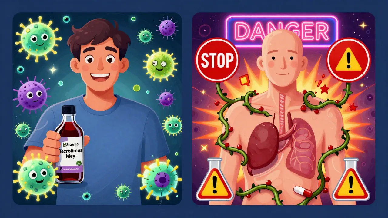 Split illustration: happy elderberry user vs. patient surrounded by warning symbols as immune drugs are overwhelmed