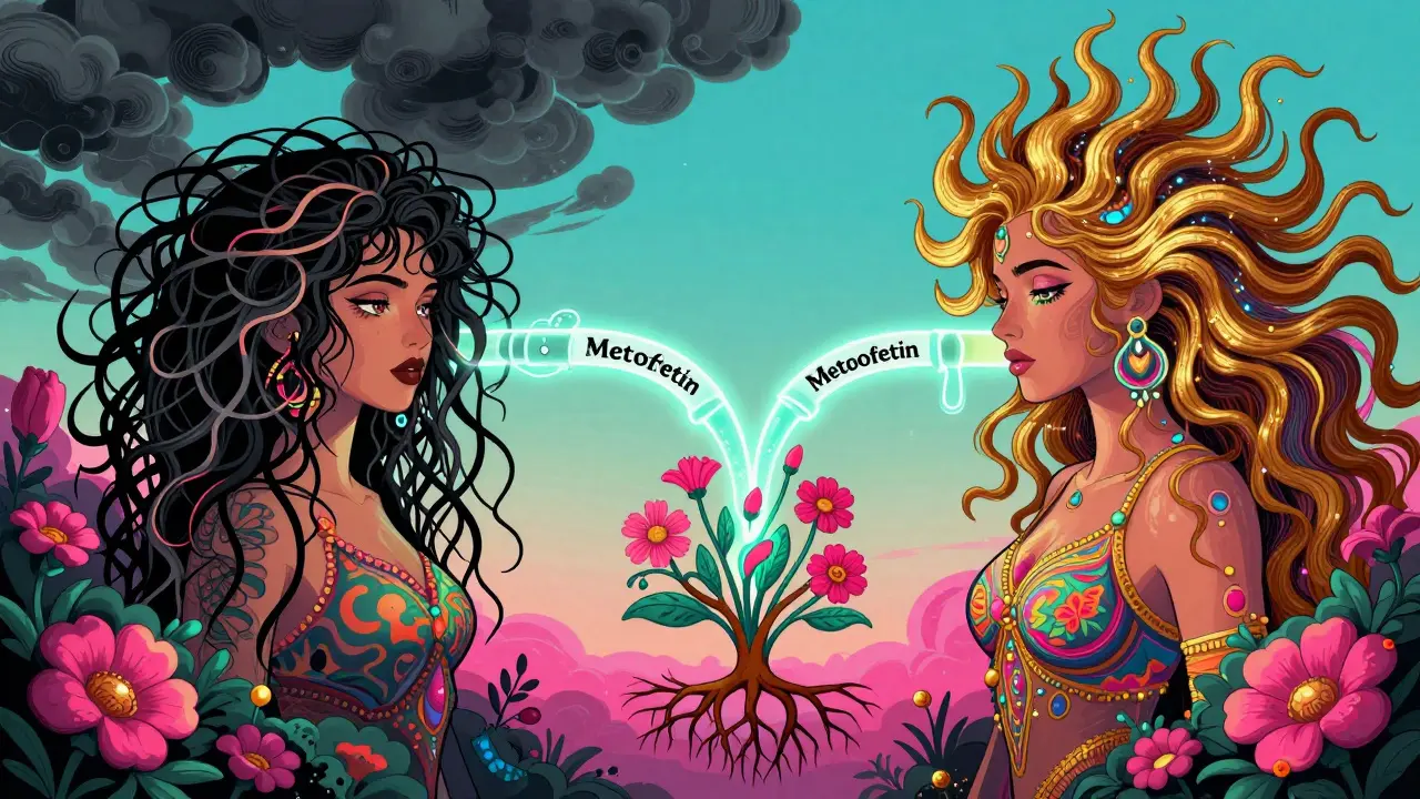 Split image of a woman transforming from chaotic PCOS symptoms to radiant health via a glowing metformin pipeline.