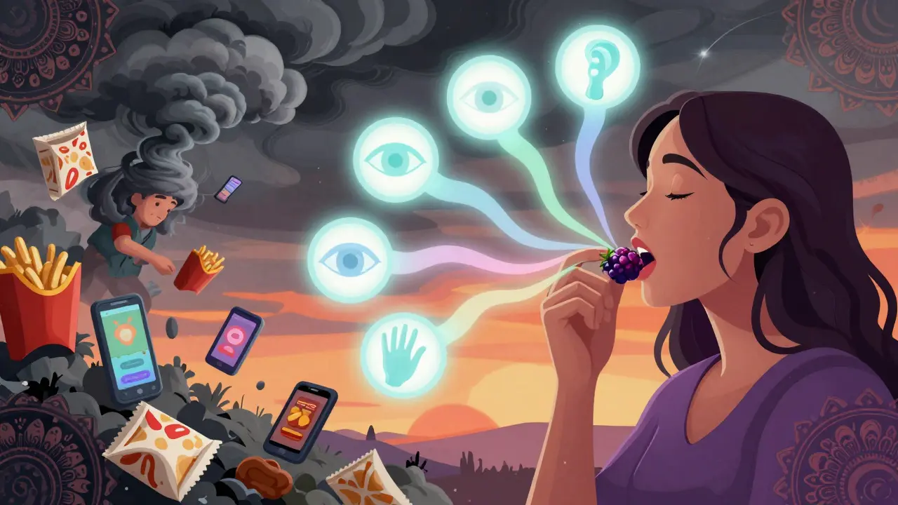 Split scene: chaotic eating habits on one side, calm mindful eating with glowing sense orbs on the other.