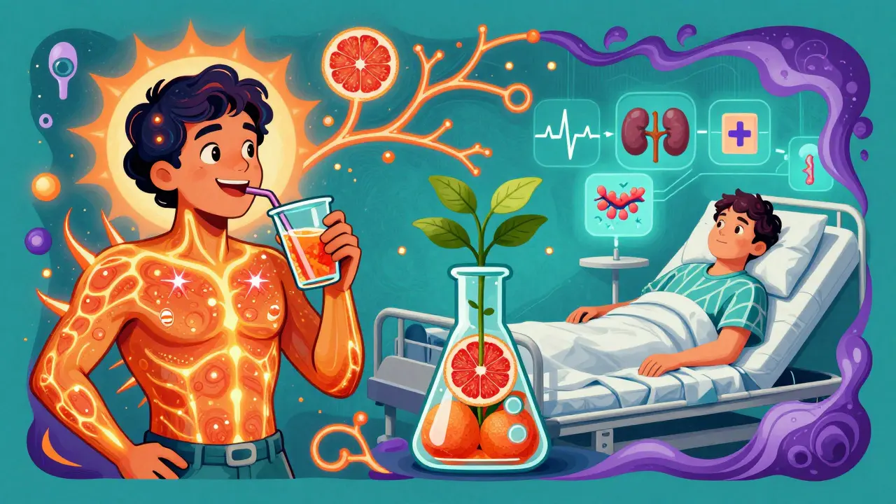 Split scene: one person drinking grapefruit juice while another lies in hospital, with medical icons floating around.