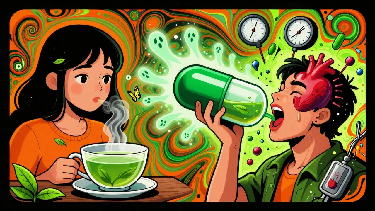 Split scene: peaceful brewed tea vs. dangerous extract causing heart race and shattered chemo molecules.