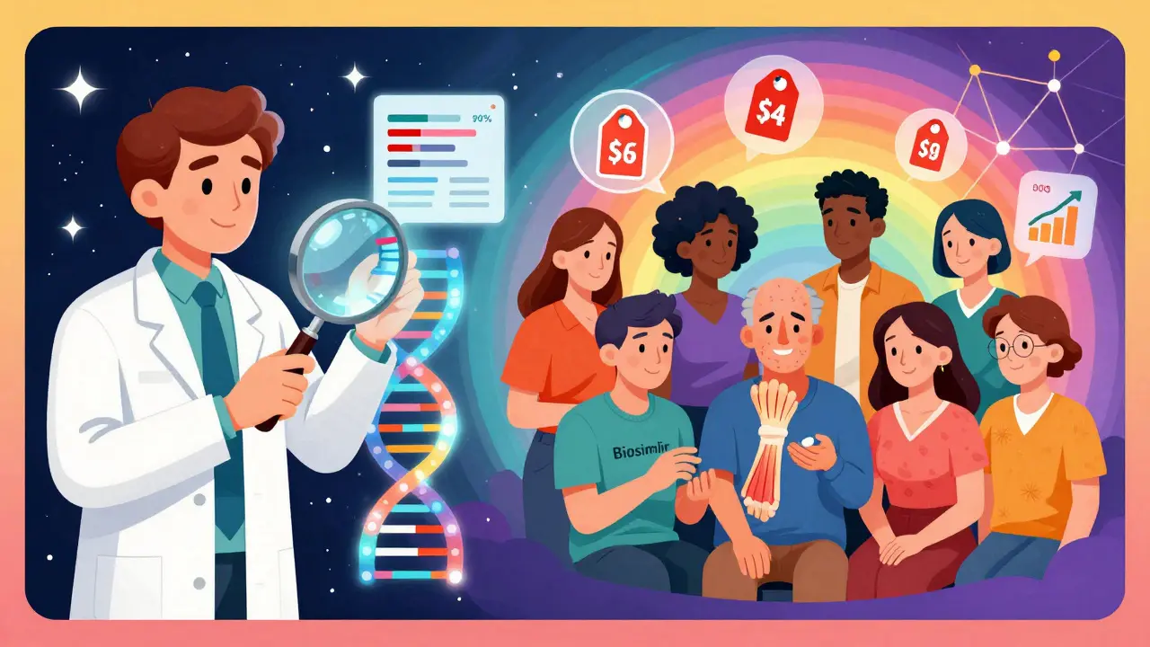 Split scene showing a doctor analyzing molecular data while diverse patients receive biosimilars with price tags and rising graphs.