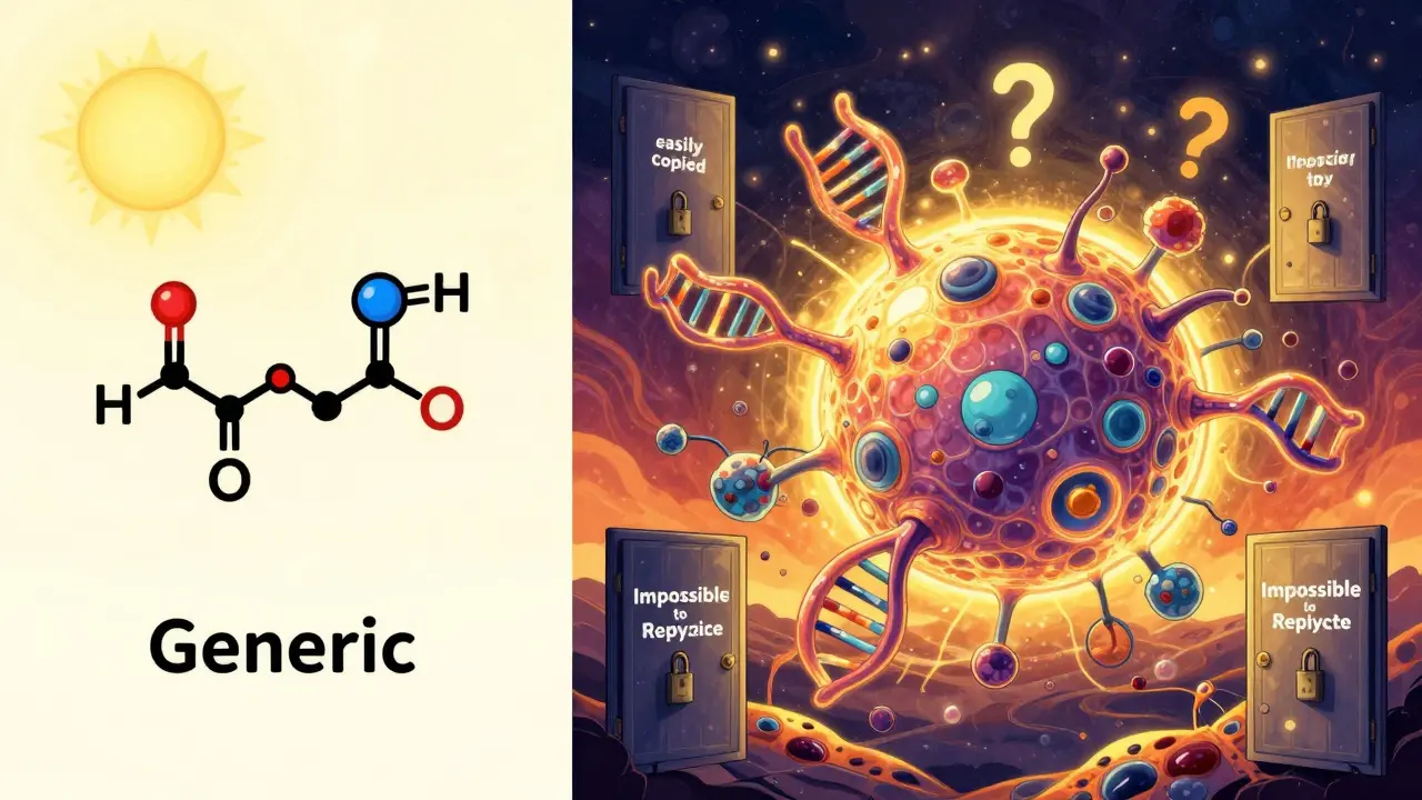 Split scene: simple molecule copied easily vs. complex biologic locked behind impossible barriers.