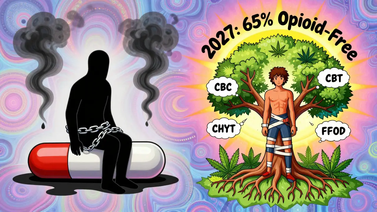 Surreal split image: a person freed from opioid chains, standing under a tree of non-opioid pain solutions.