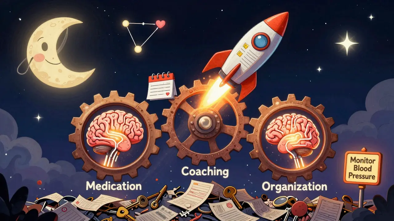 Three brain-powered gears turning into a rocket ship, lifting off from chaos into a starry sky.