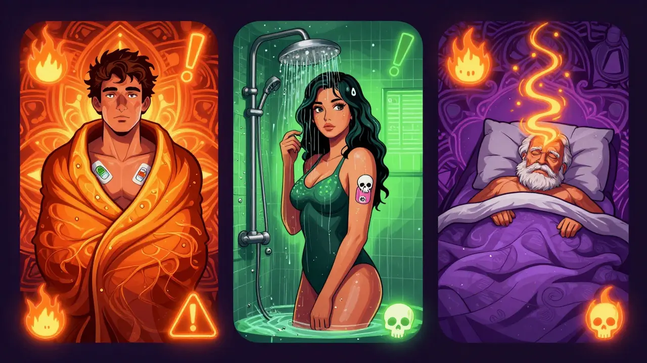 Three surreal scenes showing heat dangers with fentanyl patches: warming blanket, hot shower, and sleeping under blankets, connected by warning symbols.