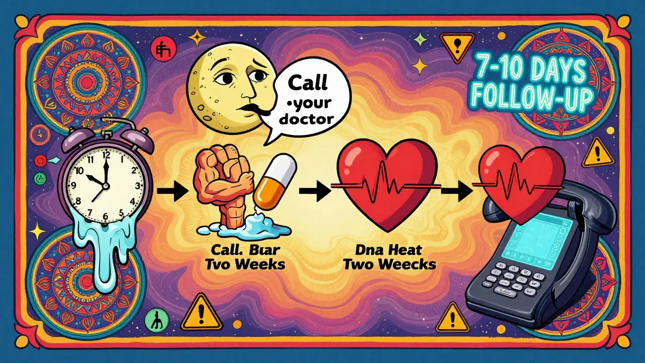 Timeline of medication adjustment with surreal symbols like melting clocks, warning hearts, and glowing journals.