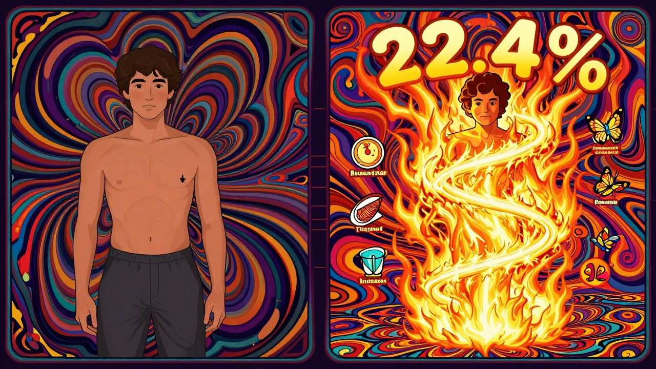 Two figures comparing weight loss: one with modest results, the other with dramatic fat-burning flames and radiant symbols of metabolic improvement.