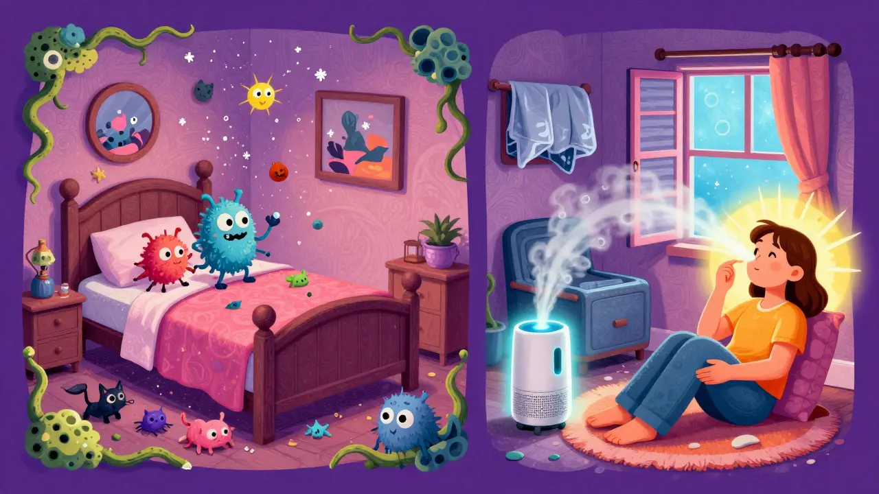 A clean bedroom with allergen-proof bedding and open windows, contrasting with cartoonish allergens being pushed away.