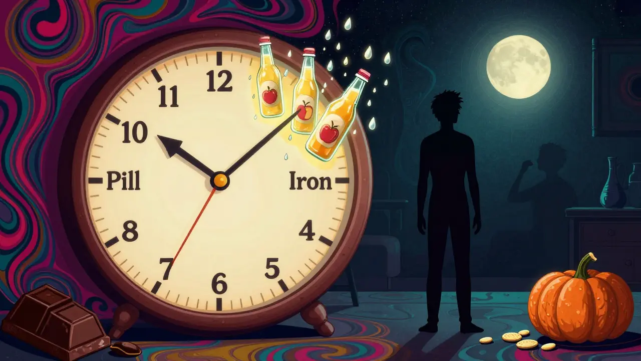 A clock separating pill and iron with apple juice bottles, set in a nighttime scene.