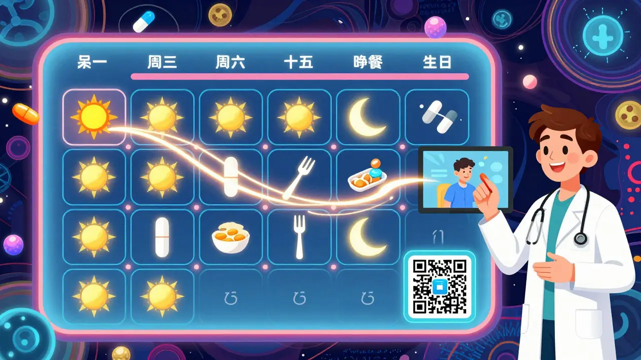 A colorful weekly medication schedule with icons for meals and times, linked by glowing trails and a QR code emitting a video.