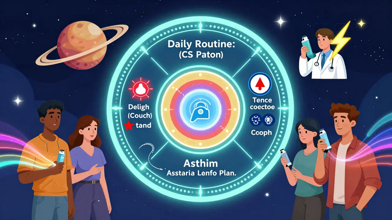 A glowing circular asthma action plan mandala with three concentric rings showing daily care, warning signs, and emergency steps.