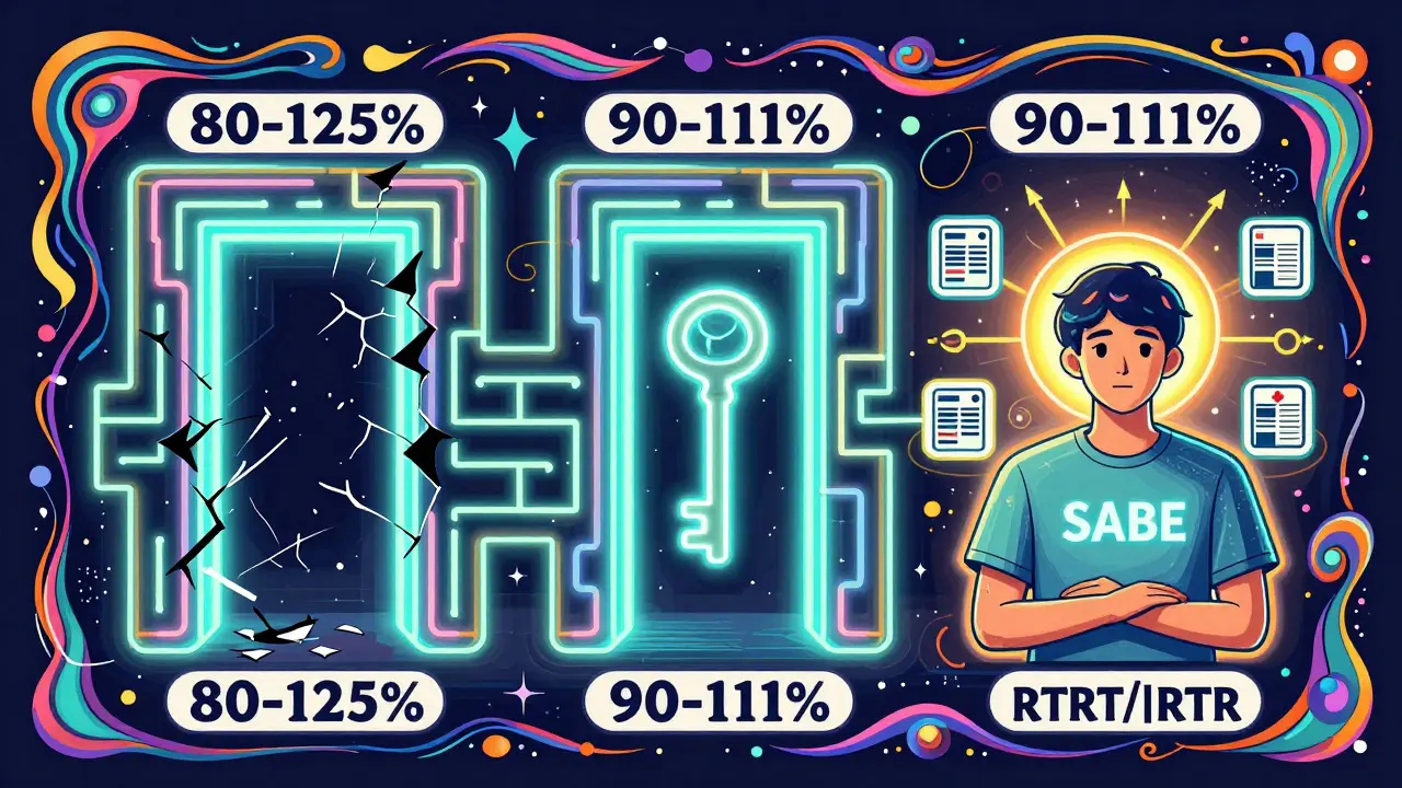 A glowing labyrinth representing FDA's SABE approval process, with a narrow portal leading to a stable patient.