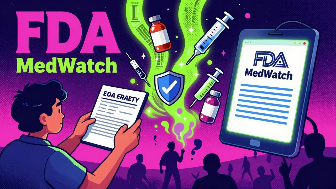 A patient submits a report to a glowing FDA portal as data streams transform into safety shields, with dissolving shadows below.