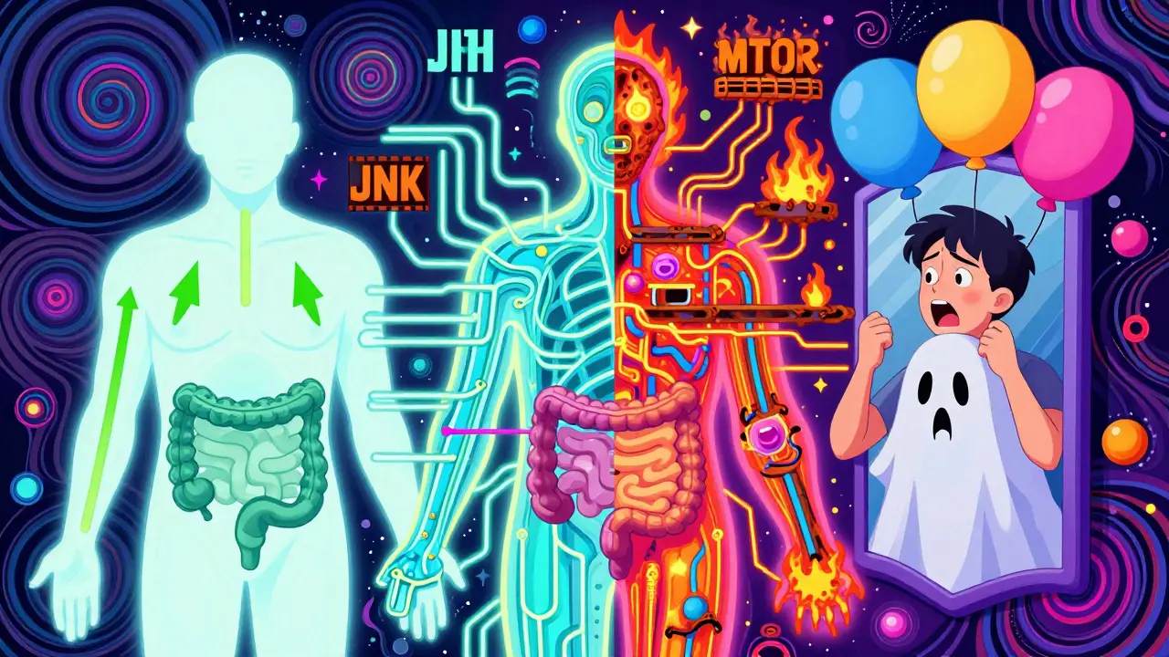 A split-body illustration showing healthy vs. broken metabolic signals in vibrant neon colors with chaotic pathways and blocked hormone signals.