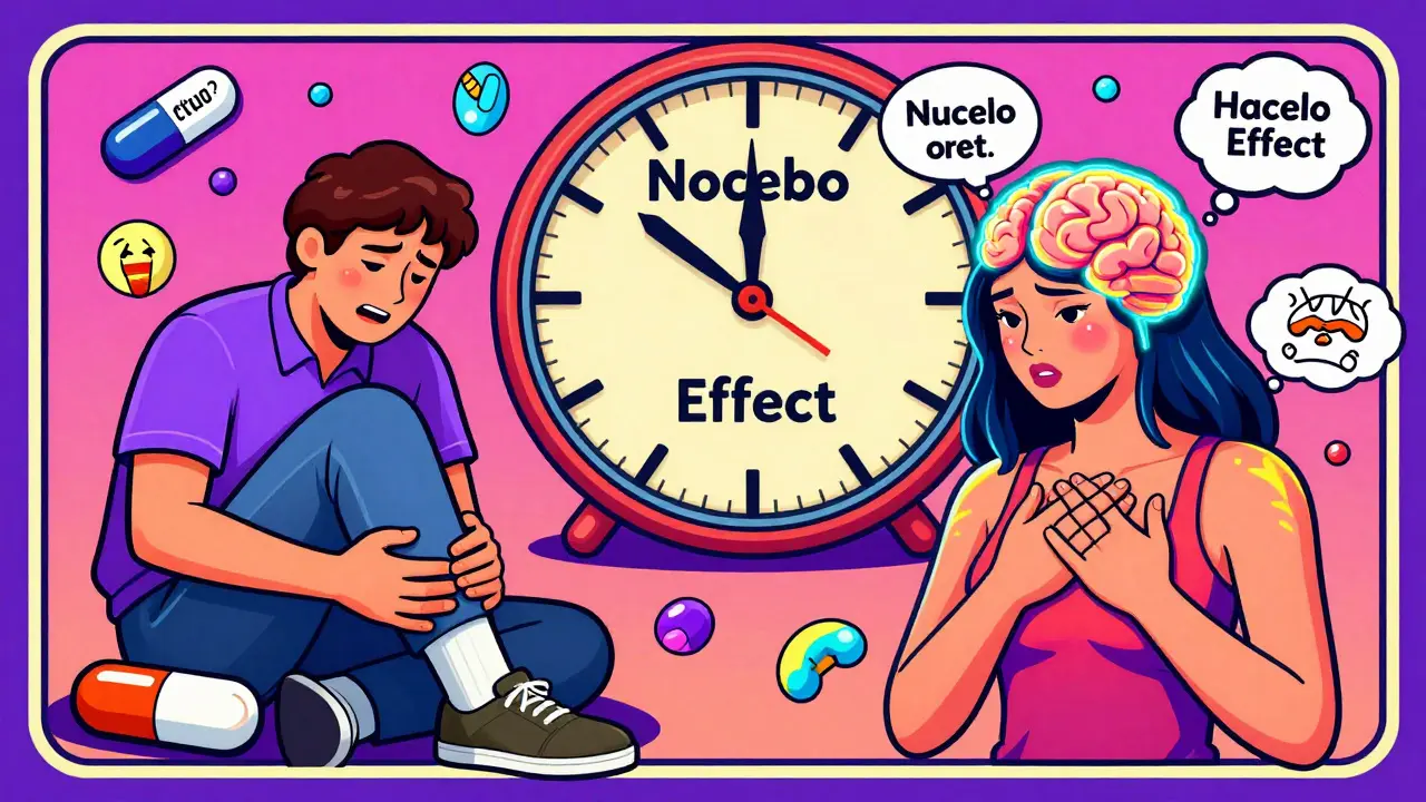 A split illustration comparing statin side effects with the nocebo effect, featuring floating brain and muscle icons in neon colors.