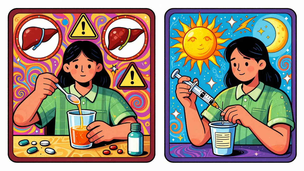 A split scene comparing dangerous kitchen spoon dosing with safe mL syringe use, surrounded by warning signs and time icons.