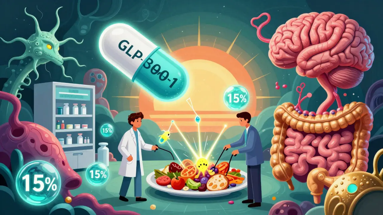 A surreal pharmacy scene with a GLP-1 dragon pill, neuron fireflies shutting down junk food, and metabolic restoration orbs in glowing colors.