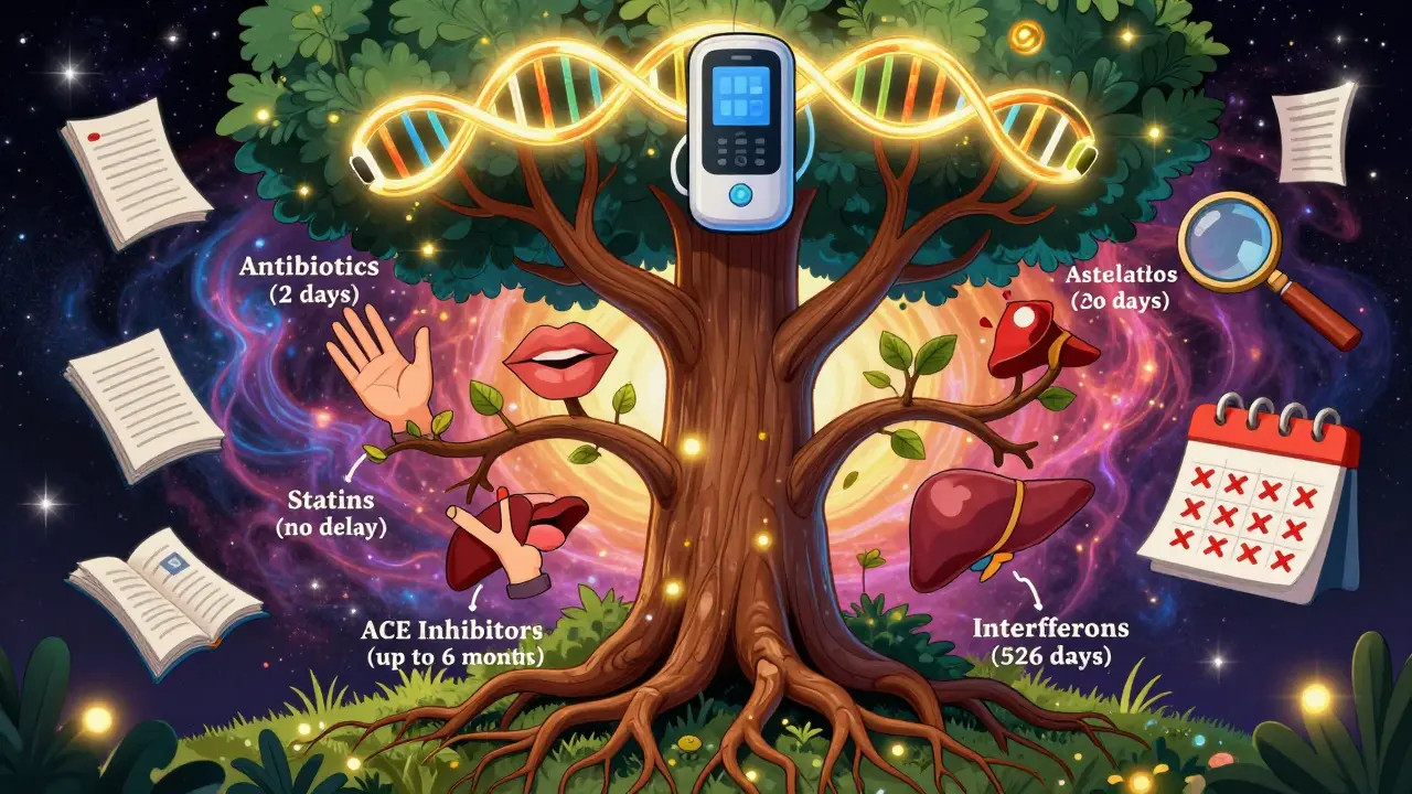 A tree with roots labeled by drug classes and branches showing side effects, under a cosmic sky with DNA and wearable tech.