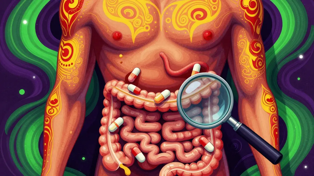 Bloated figure with maze-like intestines blocked by pills, vibrant red and yellow patterns.
