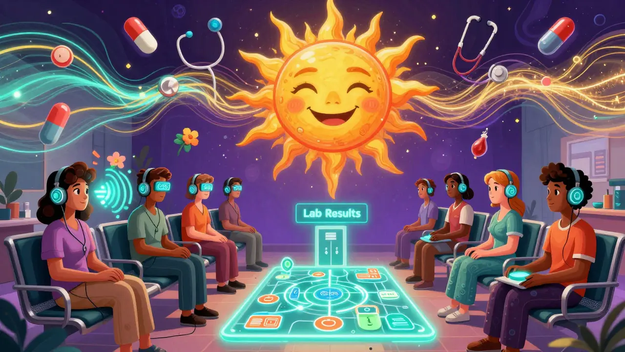 Diverse patients in a clinic using glowing audio devices, with sound waves blooming into flowers and a floating map guiding them through the building.