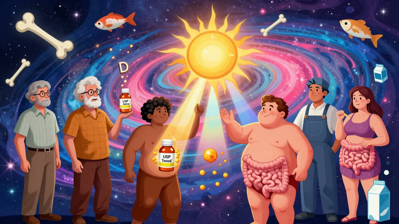 Diverse people receiving personalized vitamin D rays from a prismatic sun with supplement and food symbols.