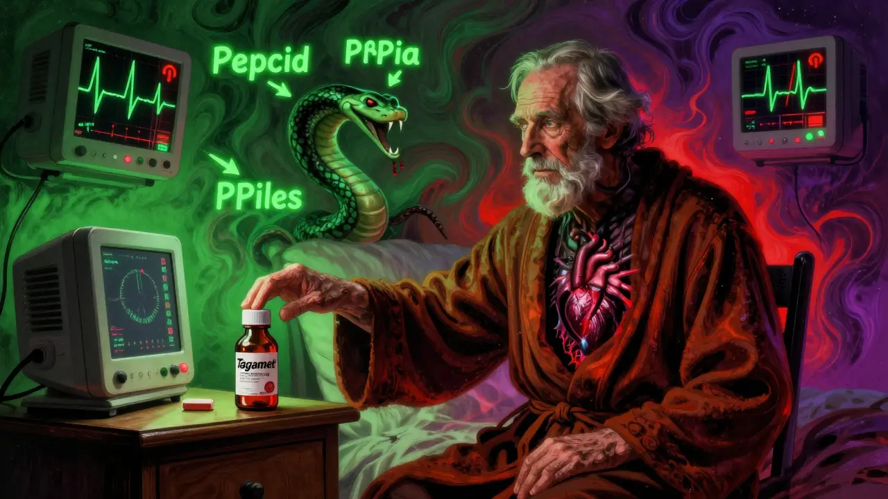 Elderly man reaching for cimetidine as a monstrous QT interval serpent coils from his chest, surrounded by warning ECGs.