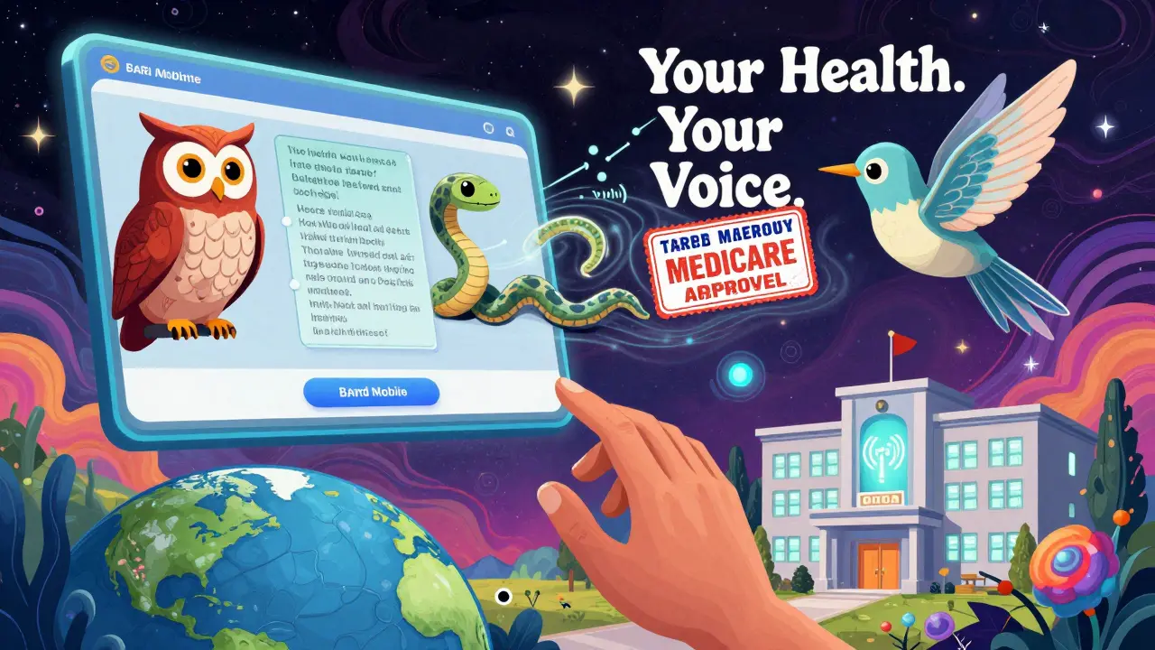 Floating patient portal with voice-shaped creatures and a hand downloading BARD Mobile, set against a cosmic backdrop of accessible health symbols.