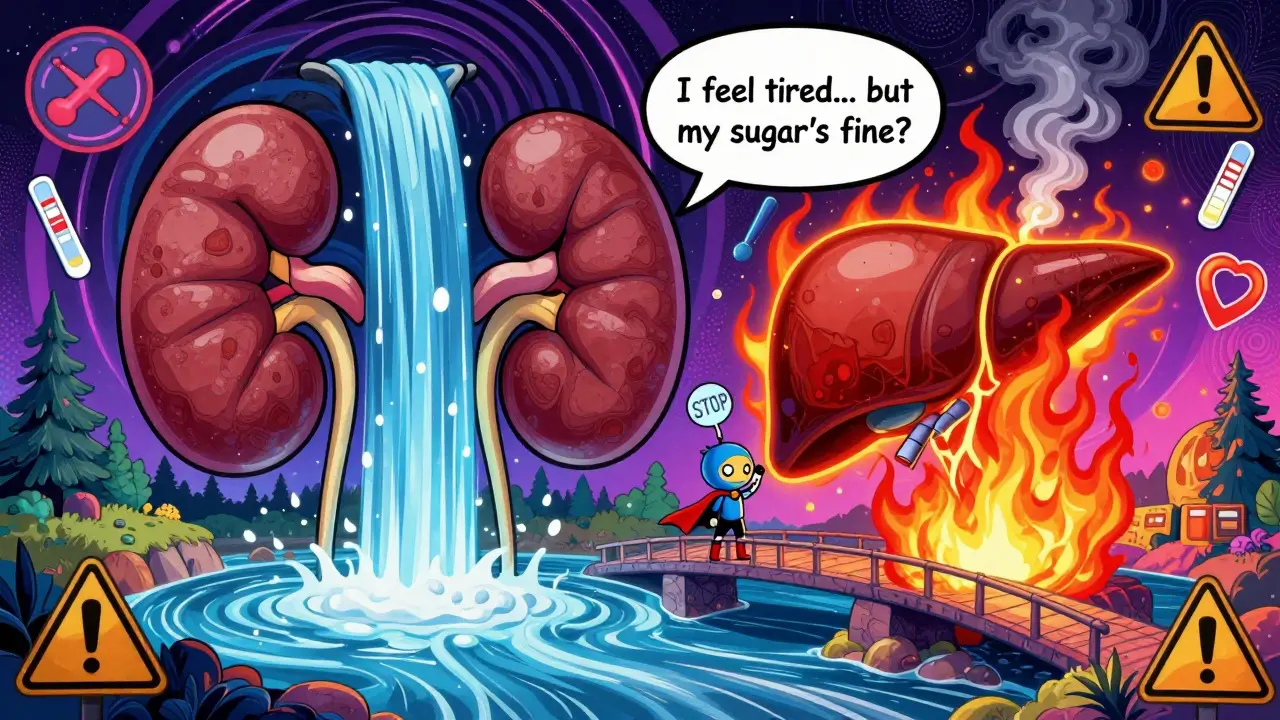 Internal body landscape with kidneys dumping glucose, liver spewing ketones, and a tiny insulin hero holding a STOP sign.