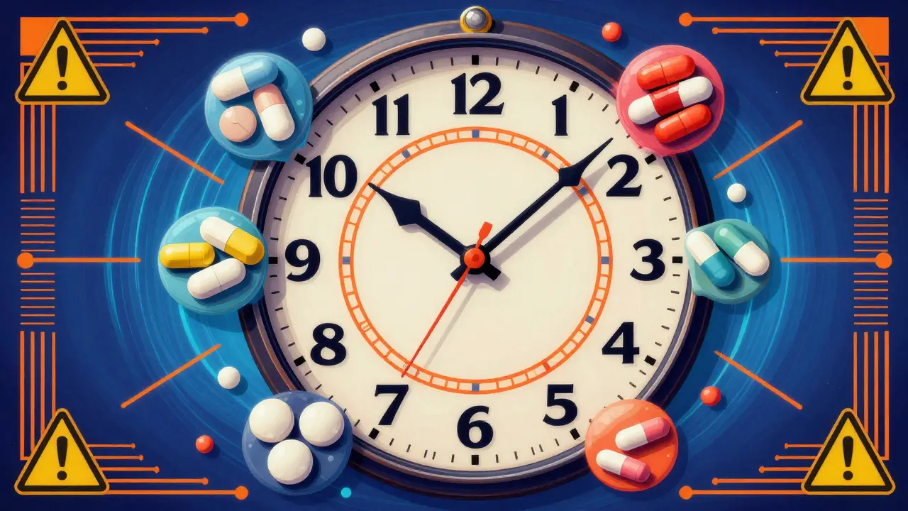 Melting clock with medications spaced 4 hours apart, neon time zones and warning symbols.