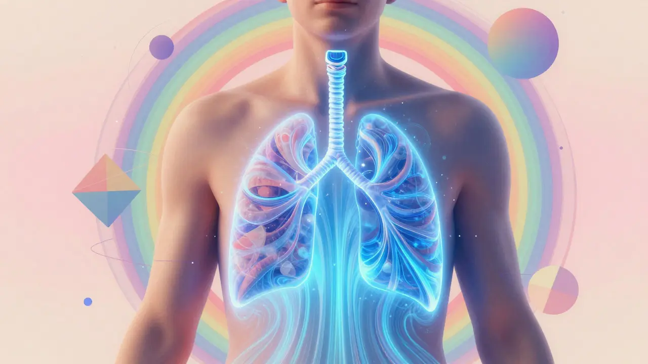 Patient practicing diaphragmatic breathing with glowing energy waves