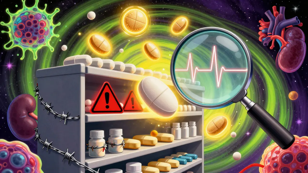 Pharmacy shelf with safe heartburn pills glowing safely, while cimetidine is wrapped in barbed wire and pulsing with warnings.