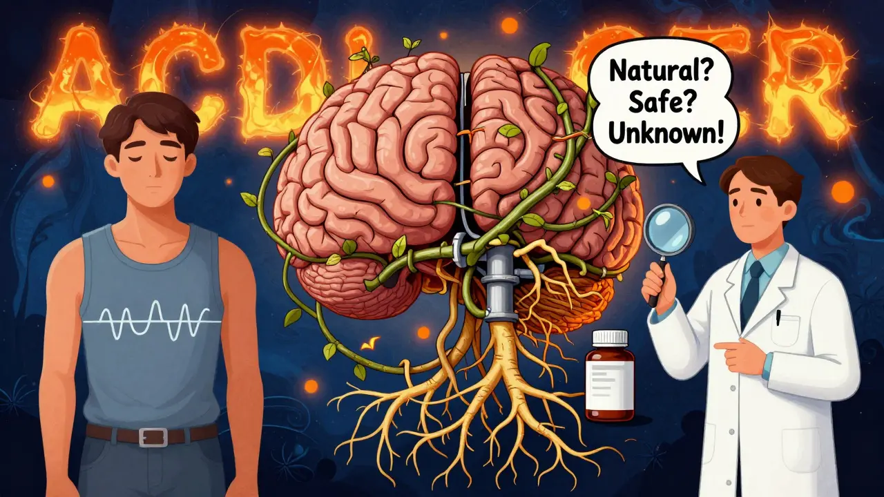 Split brain image: one side calm with steady glucose, the other choked by goldenseal vines blocking a transporter pipe