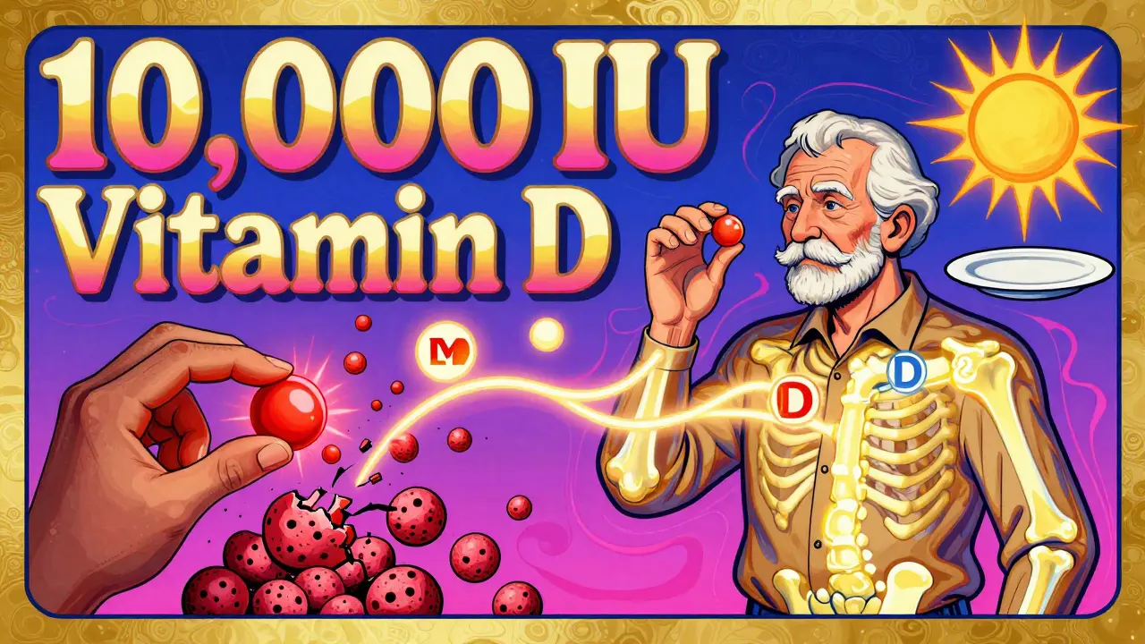 Split image: high-dose vitamin D causing bone damage vs. optimal dose supporting strong bones.